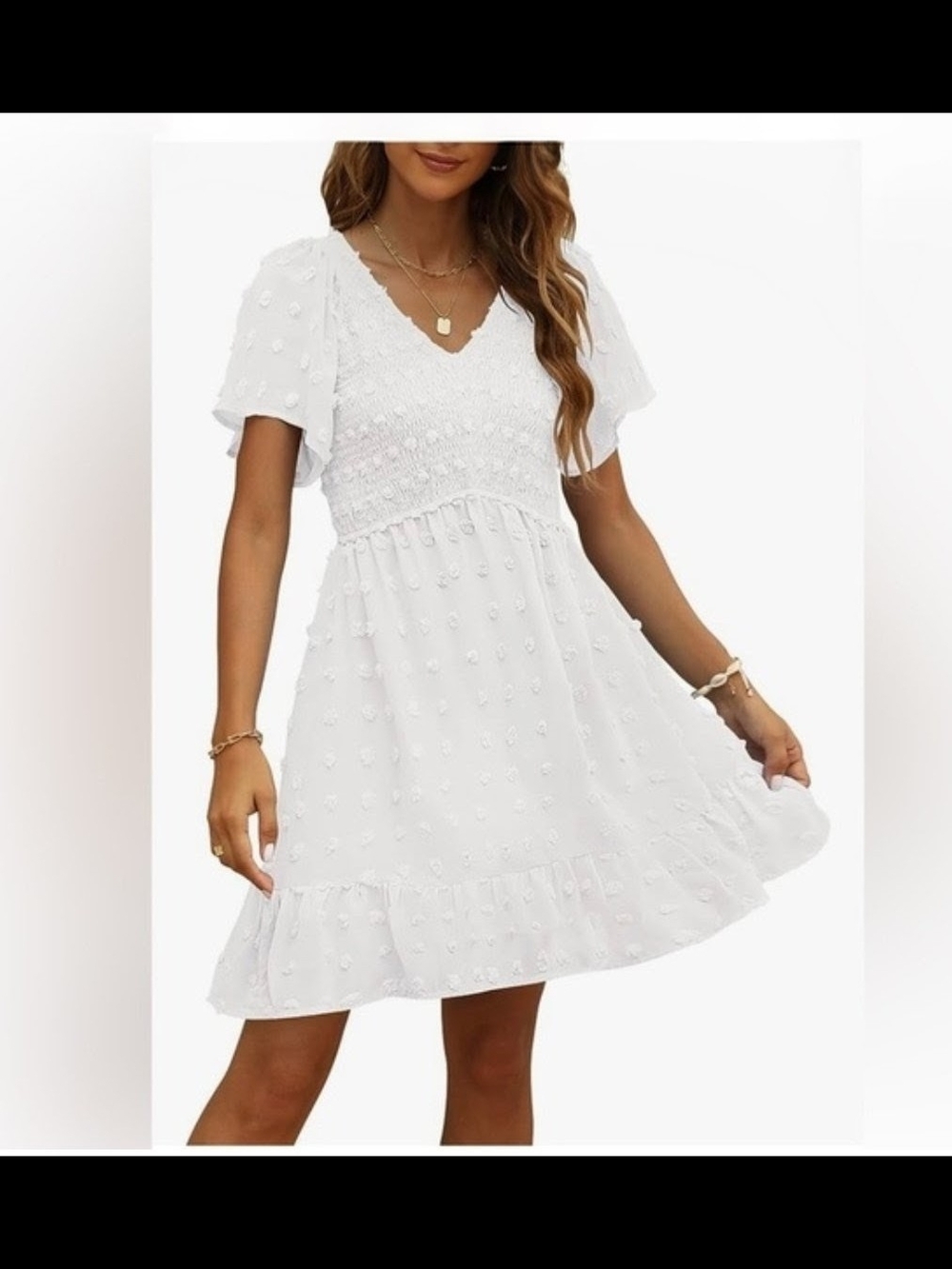 Tecrew Women’s S White Smocked A-Line Dress V-Neck Flutter Sleeve Knee XL